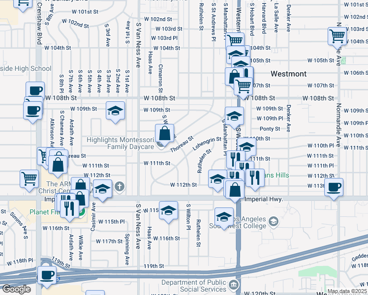 map of restaurants, bars, coffee shops, grocery stores, and more near 2024 Thoreau St in Los Angeles