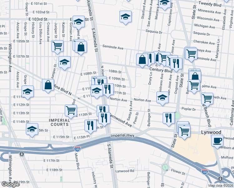 map of restaurants, bars, coffee shops, grocery stores, and more near 2644 East 111th Street in Lynwood