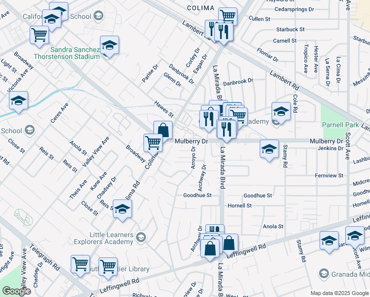 map of restaurants, bars, coffee shops, grocery stores, and more near 10823 Arroyo Drive in Whittier