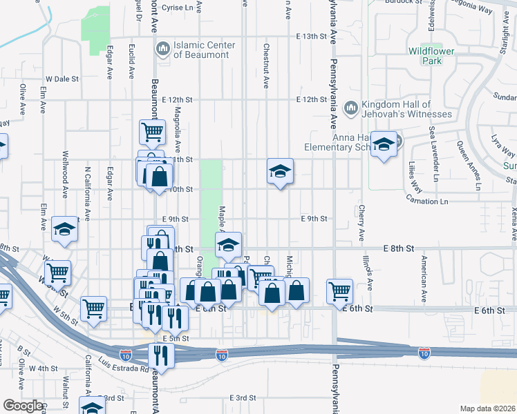 map of restaurants, bars, coffee shops, grocery stores, and more near 927 Chestnut Avenue in Beaumont