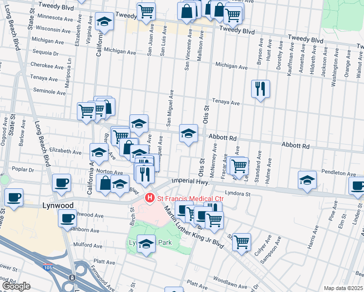 map of restaurants, bars, coffee shops, grocery stores, and more near 10835 Mallison Avenue in Lynwood