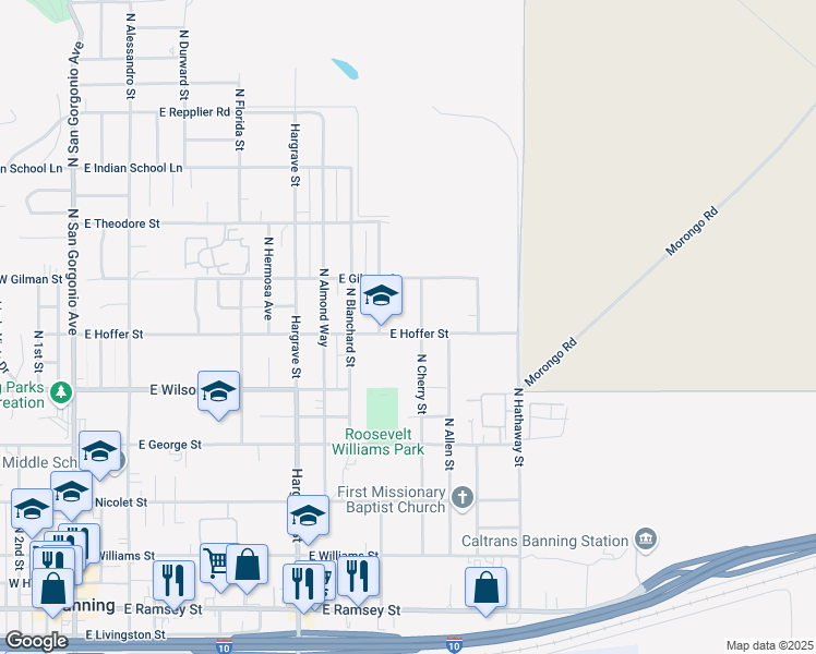 map of restaurants, bars, coffee shops, grocery stores, and more near 1211 East Hoffer Street in Banning