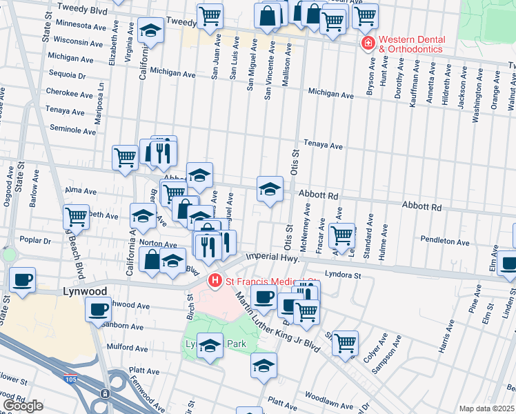 map of restaurants, bars, coffee shops, grocery stores, and more near 10835 Mallison Avenue in Lynwood