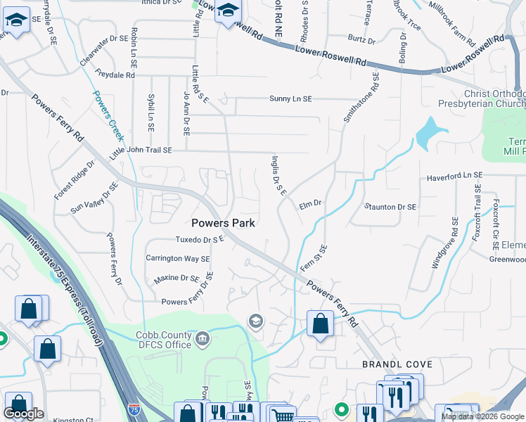map of restaurants, bars, coffee shops, grocery stores, and more near 587 Lullingstone Drive Southeast in Marietta