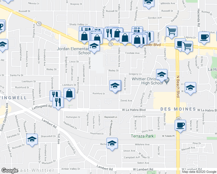 map of restaurants, bars, coffee shops, grocery stores, and more near 16502 Lashburn Street in Whittier