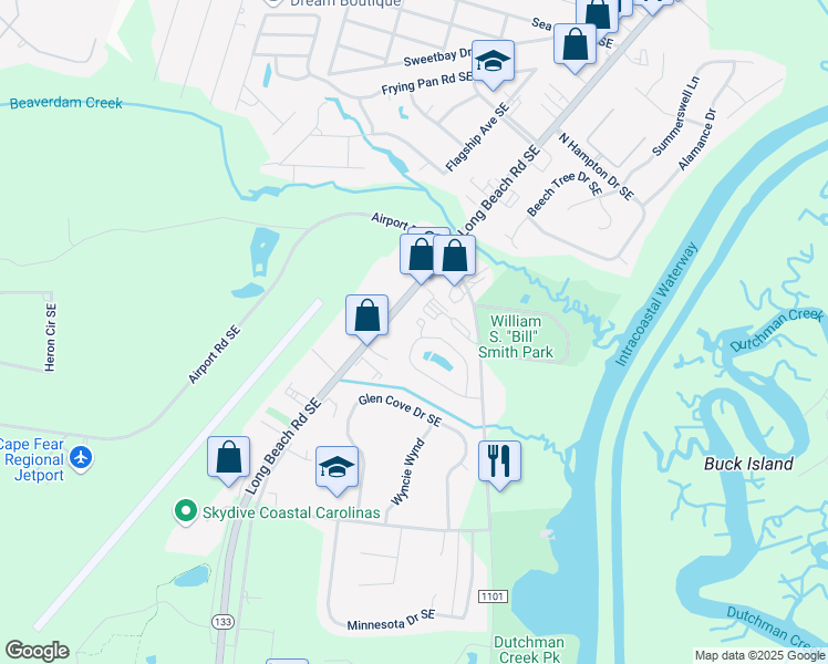 map of restaurants, bars, coffee shops, grocery stores, and more near 4148 South Harbor Circle Southeast in Southport
