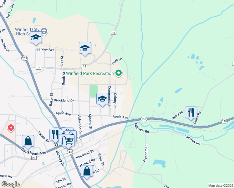 map of restaurants, bars, coffee shops, grocery stores, and more near 274 Colony Street in Winfield