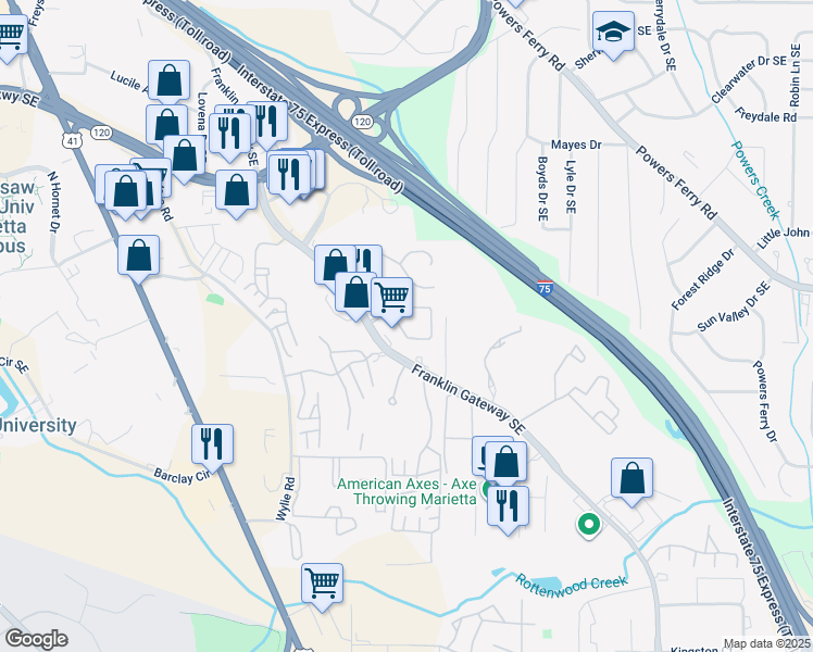 map of restaurants, bars, coffee shops, grocery stores, and more near 707 Franklin Gateway Southeast in Marietta