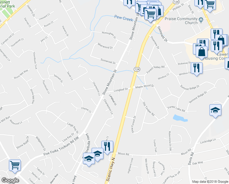 map of restaurants, bars, coffee shops, grocery stores, and more near 710 Longleaf Drive in Lawrenceville