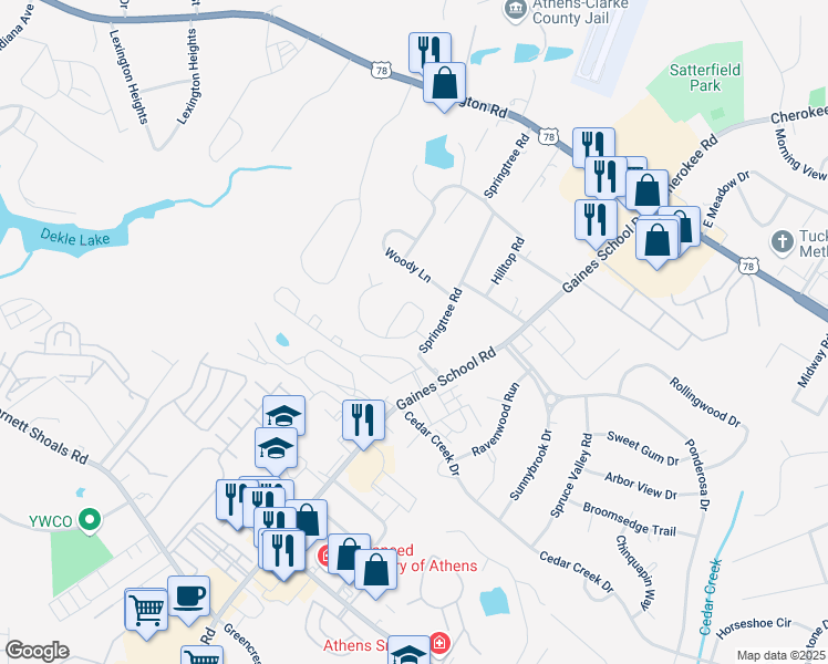 map of restaurants, bars, coffee shops, grocery stores, and more near 298 Benedict Court in Athens