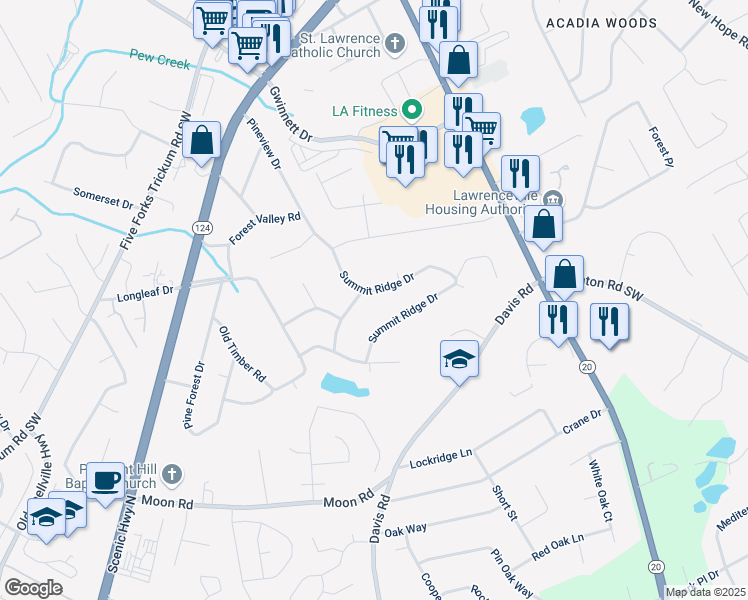 map of restaurants, bars, coffee shops, grocery stores, and more near 313 Summit Ridge Drive in Lawrenceville