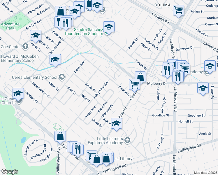 map of restaurants, bars, coffee shops, grocery stores, and more near 10731 Theis Avenue in Whittier