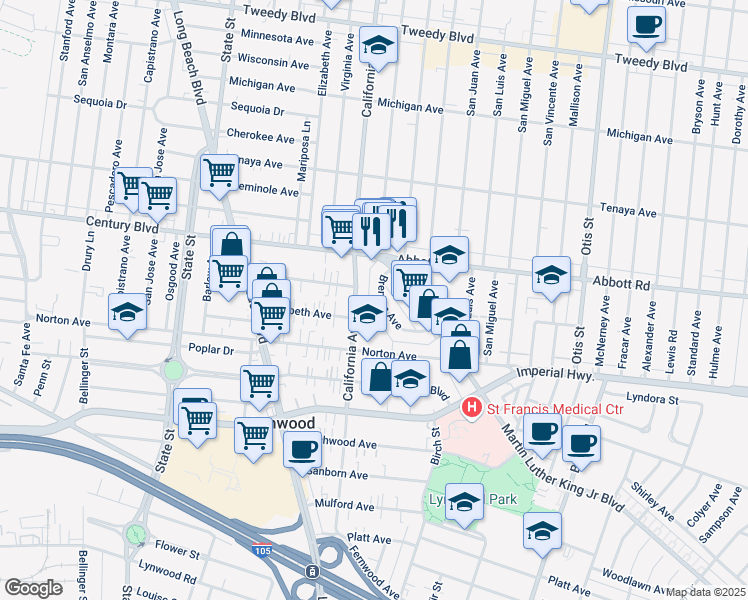 map of restaurants, bars, coffee shops, grocery stores, and more near 3554 Brenton Avenue in Lynwood