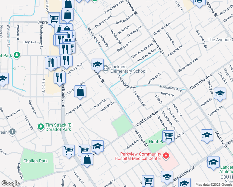 map of restaurants, bars, coffee shops, grocery stores, and more near 9089 Delano Drive in Riverside