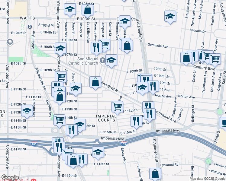 map of restaurants, bars, coffee shops, grocery stores, and more near 2327 Santa Ana Boulevard South in Los Angeles