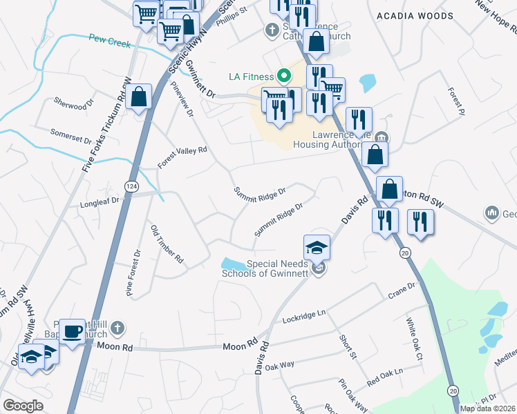 map of restaurants, bars, coffee shops, grocery stores, and more near 313 Summit Ridge Drive in Lawrenceville