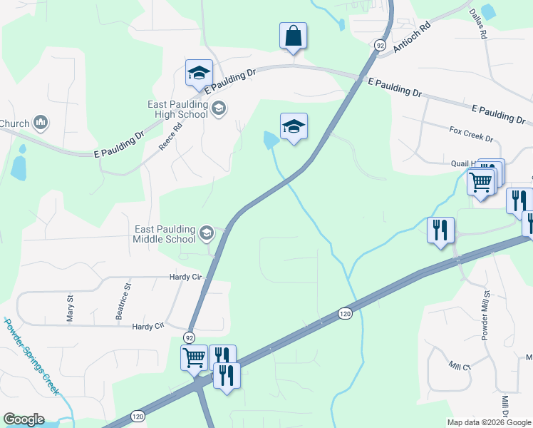 map of restaurants, bars, coffee shops, grocery stores, and more near 3208 Hiram Acworth Highway in Dallas