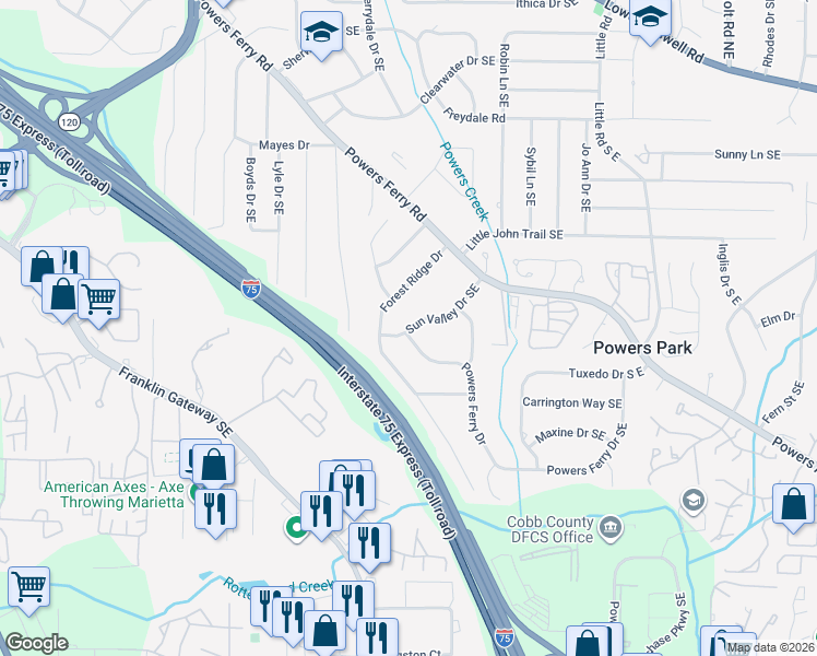 map of restaurants, bars, coffee shops, grocery stores, and more near 2137 Powers Ferry Drive in Marietta