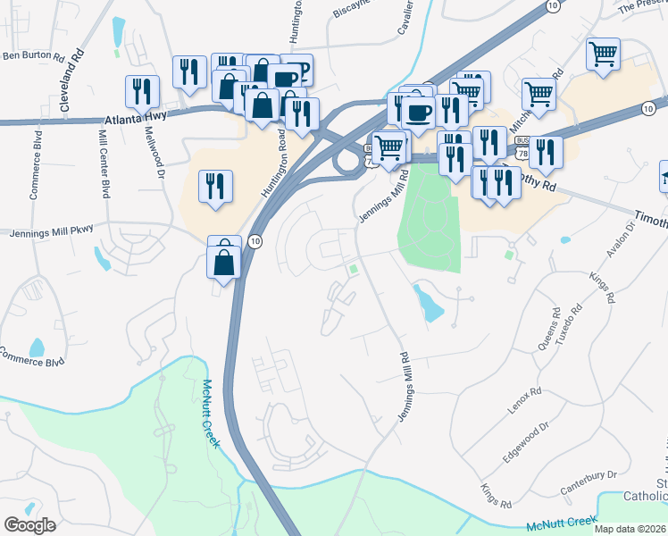 map of restaurants, bars, coffee shops, grocery stores, and more near 348 Westpark Drive in Athens
