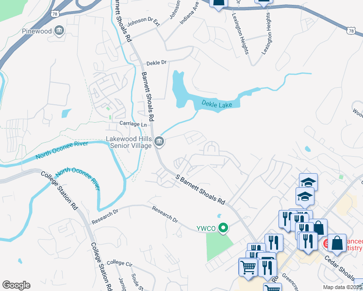 map of restaurants, bars, coffee shops, grocery stores, and more near 100 Still Creek Lane in Athens