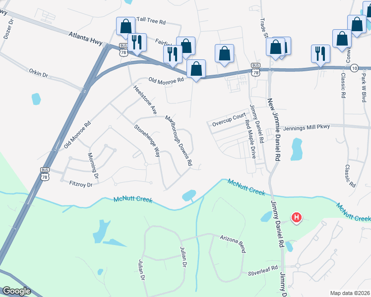 map of restaurants, bars, coffee shops, grocery stores, and more near 185 Sarsen Circle in Bogart