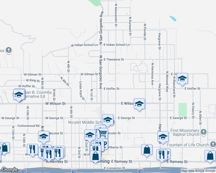 map of restaurants, bars, coffee shops, grocery stores, and more near 117 East Hoffer Street in Banning