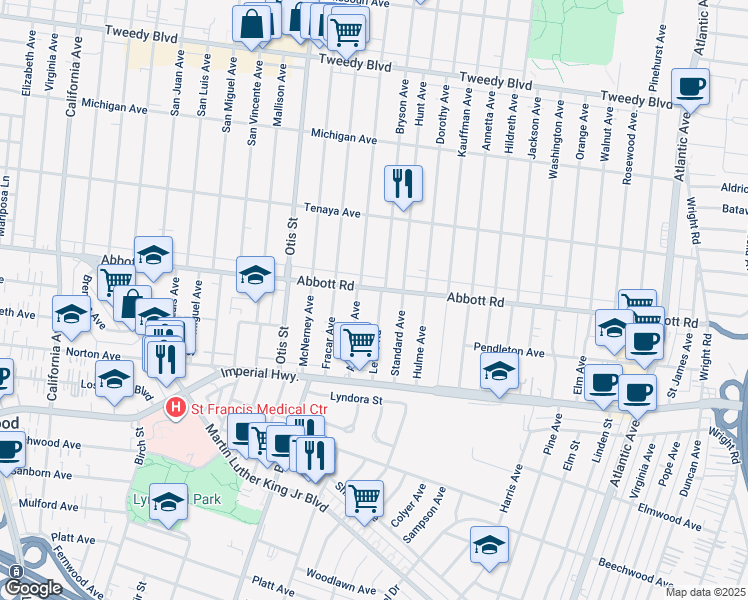 map of restaurants, bars, coffee shops, grocery stores, and more near 10760 Alexander Avenue in Lynwood