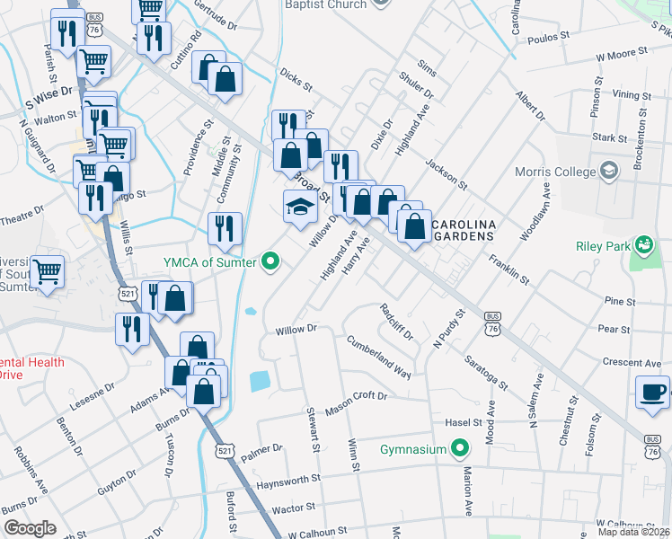 map of restaurants, bars, coffee shops, grocery stores, and more near 25 Harry Avenue in Sumter
