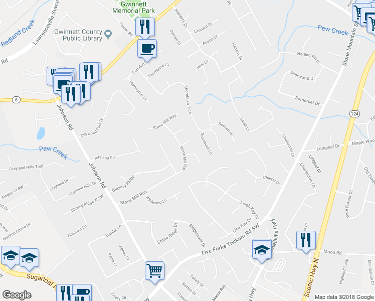 map of restaurants, bars, coffee shops, grocery stores, and more near 256 Grist Mill Lane in Lawrenceville