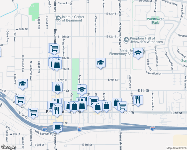 map of restaurants, bars, coffee shops, grocery stores, and more near 927 Chestnut Avenue in Beaumont
