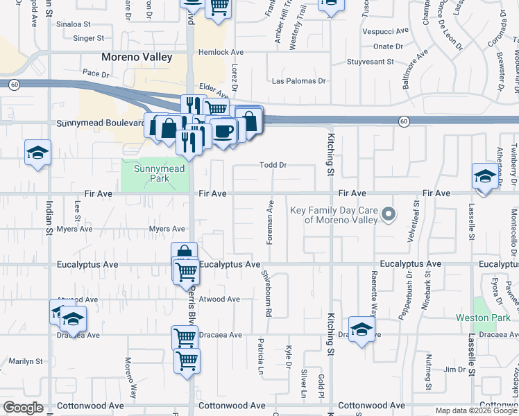 map of restaurants, bars, coffee shops, grocery stores, and more near 12821 Foreman Avenue in Moreno Valley