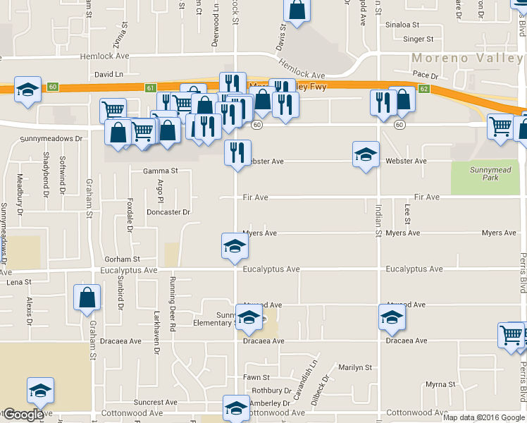 map of restaurants, bars, coffee shops, grocery stores, and more near 24133 Fir Avenue in Moreno Valley