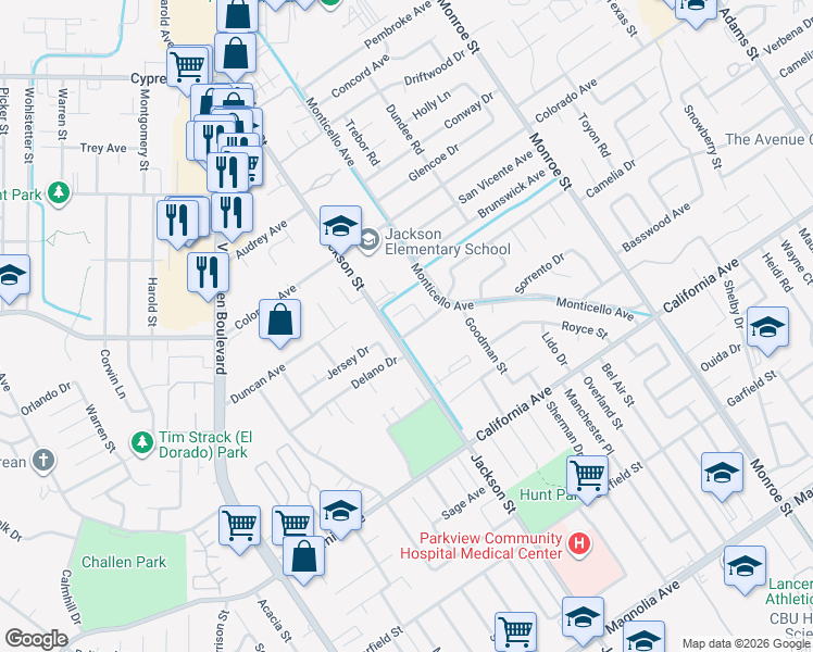 map of restaurants, bars, coffee shops, grocery stores, and more near 9089 Delano Drive in Riverside