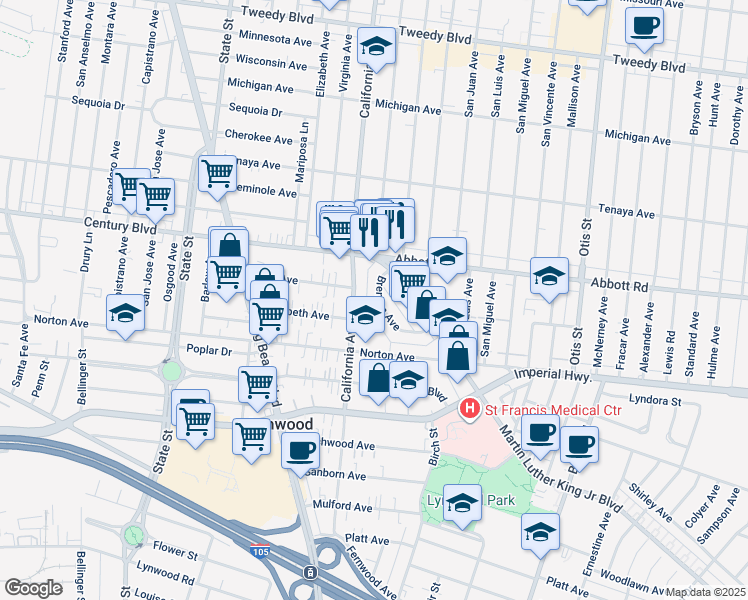 map of restaurants, bars, coffee shops, grocery stores, and more near 3556 Brenton Avenue in Lynwood