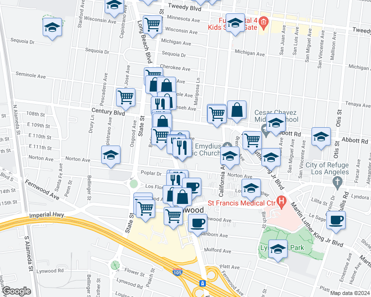 map of restaurants, bars, coffee shops, grocery stores, and more near 3321 Elizabeth Avenue in Lynwood