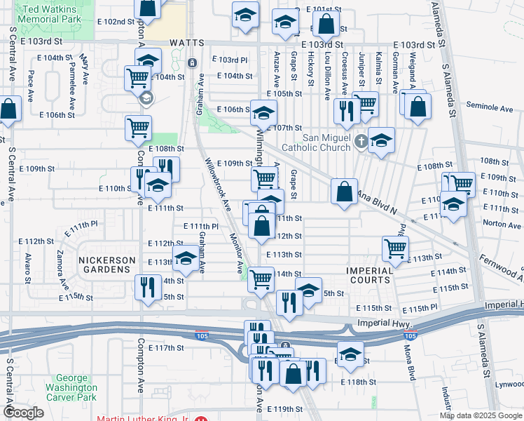 map of restaurants, bars, coffee shops, grocery stores, and more near 11024 Wilmington Avenue in Los Angeles