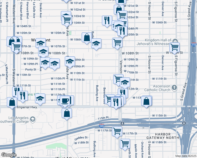 map of restaurants, bars, coffee shops, grocery stores, and more near 11101 South Budlong Avenue in Los Angeles