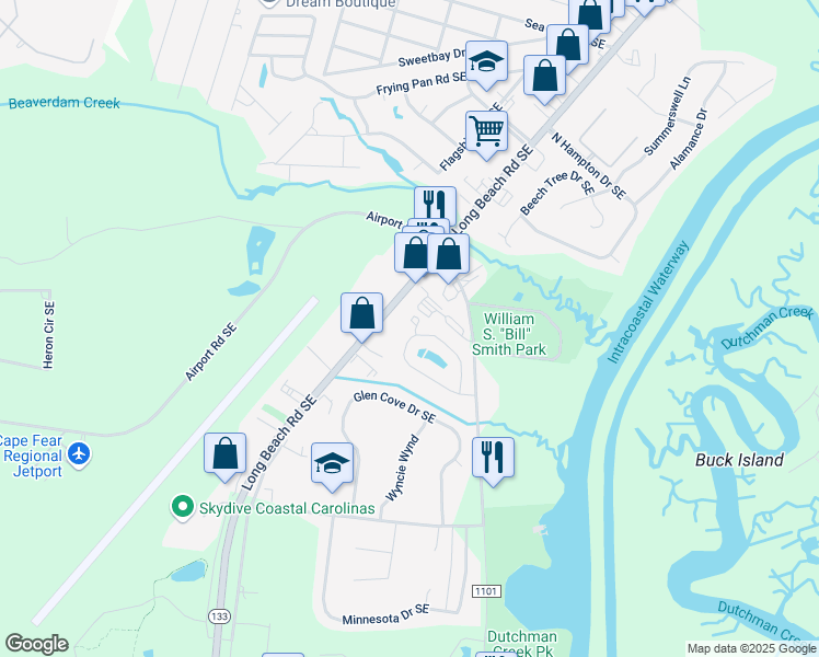 map of restaurants, bars, coffee shops, grocery stores, and more near 4148 South Harbor Circle Southeast in Southport