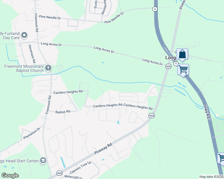 map of restaurants, bars, coffee shops, grocery stores, and more near 328 Castlers Heights Road in Longs