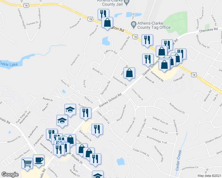 map of restaurants, bars, coffee shops, grocery stores, and more near 460 Gaines School Road in Athens