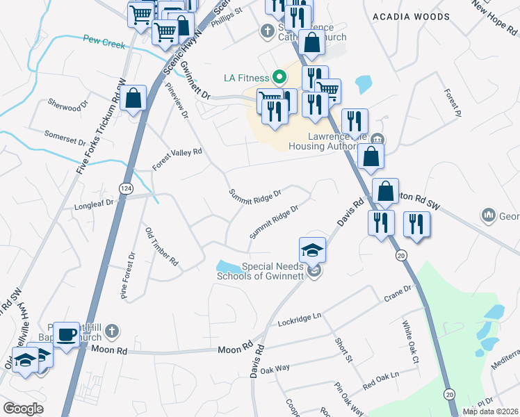 map of restaurants, bars, coffee shops, grocery stores, and more near 323 Summit Ridge Drive in Lawrenceville