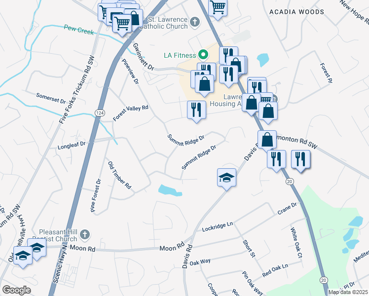map of restaurants, bars, coffee shops, grocery stores, and more near 313 Summit Ridge Drive in Lawrenceville