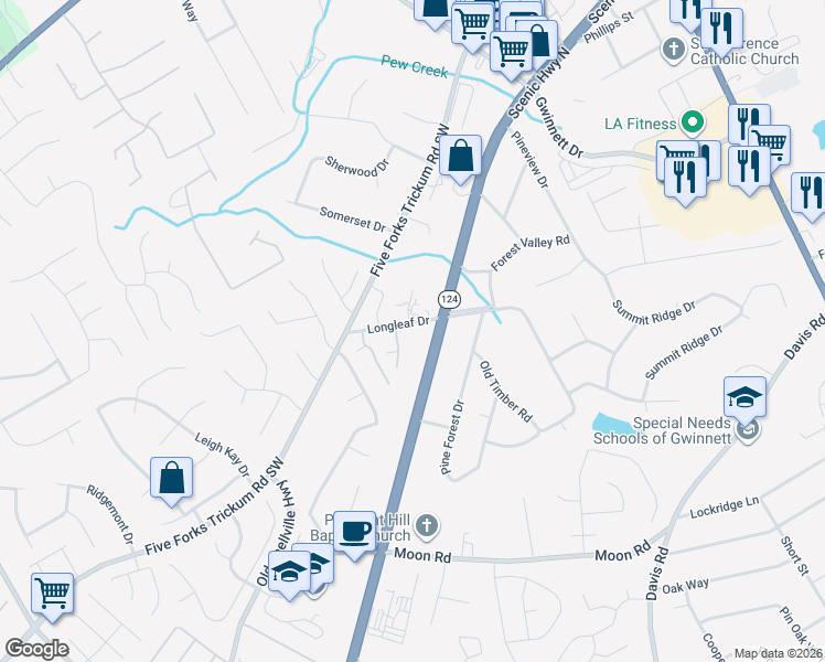 map of restaurants, bars, coffee shops, grocery stores, and more near 758 Longleaf Drive in Lawrenceville