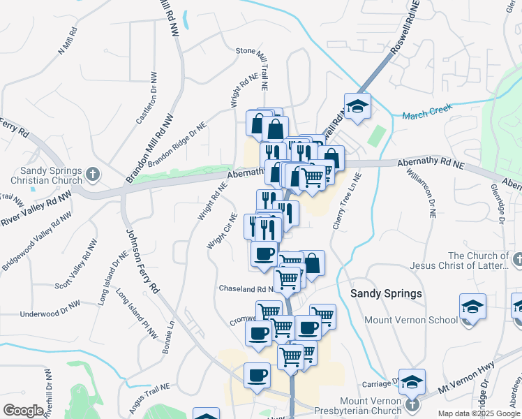 map of restaurants, bars, coffee shops, grocery stores, and more near 6558 Roswell Road in Atlanta