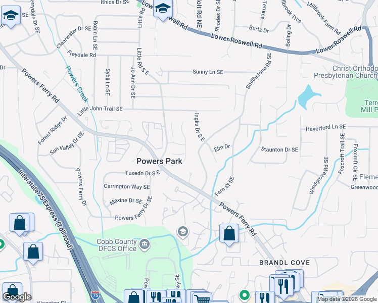 map of restaurants, bars, coffee shops, grocery stores, and more near 587 Lullingstone Drive Southeast in Marietta