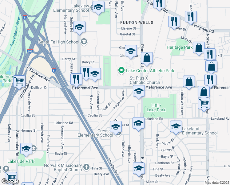 map of restaurants, bars, coffee shops, grocery stores, and more near 10813 Flallon Avenue in Santa Fe Springs