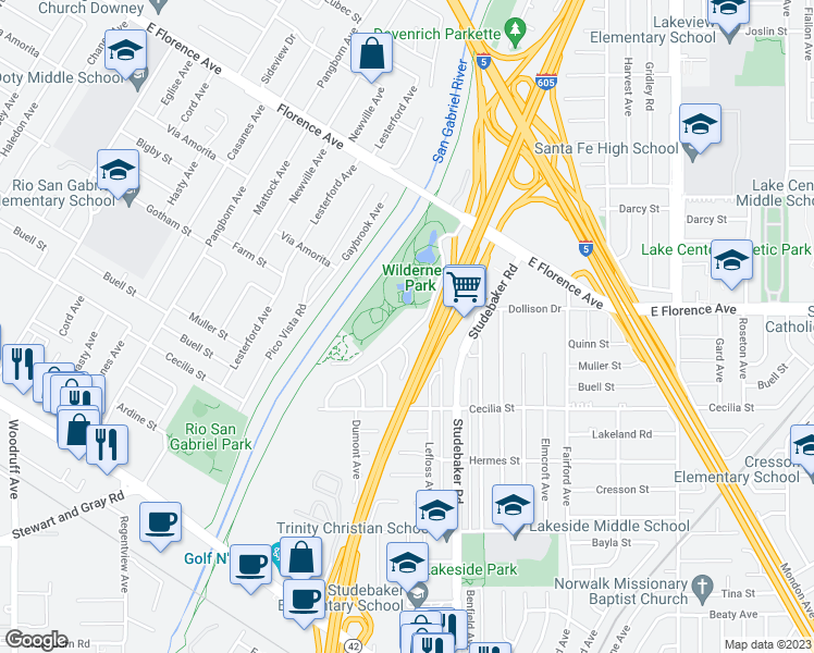 map of restaurants, bars, coffee shops, grocery stores, and more near 10917 Little Lake Road in Downey