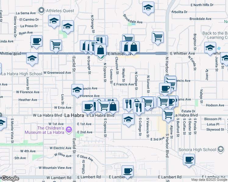 map of restaurants, bars, coffee shops, grocery stores, and more near 500 Jocelyn Drive in La Habra