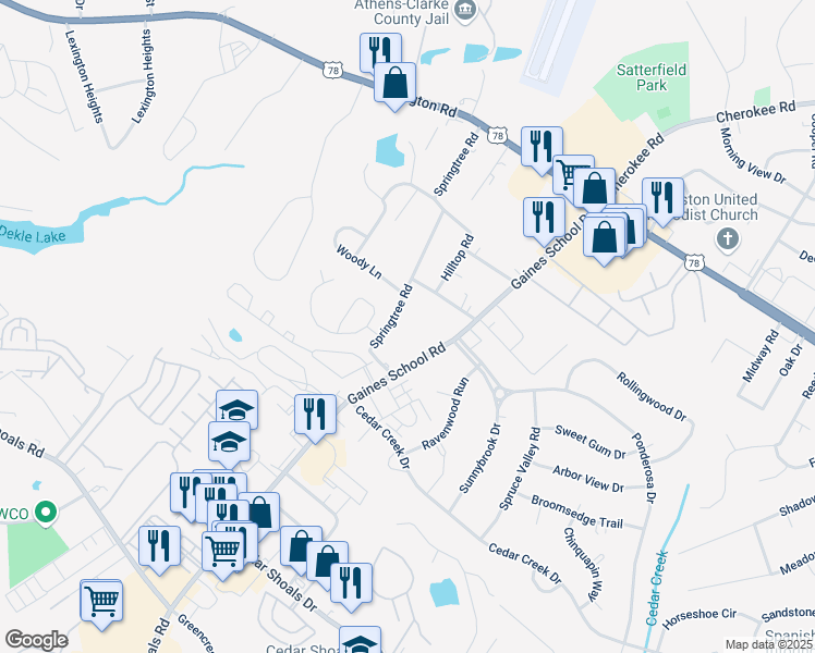 map of restaurants, bars, coffee shops, grocery stores, and more near 315 Springtree Road in Athens