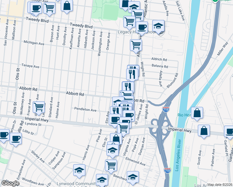 map of restaurants, bars, coffee shops, grocery stores, and more near 4921 Abbott Road in Lynwood